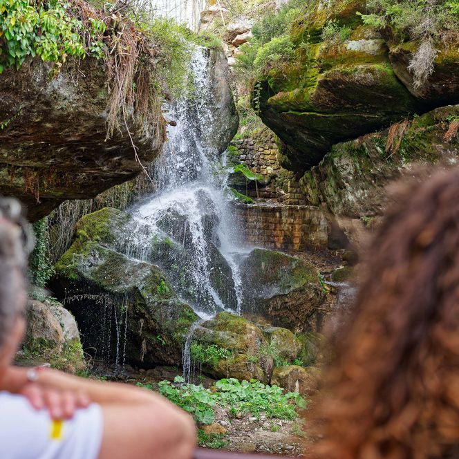 Zwei Wanderer betrachten einen Wasserfall, umgeben von grünen Pflanzen und Felsen.