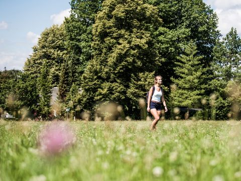 Malerweg Wanderin auf Blumenwiese