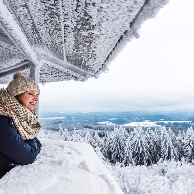Frau mit Mütze und Schal lehnt an einem frostigen Geländer und blickt auf eine winterliche Landschaft.