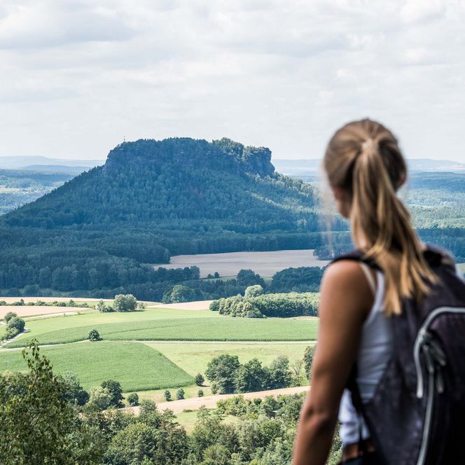 Frau mit Rucksack blickt auf eine hügelige Landschaft mit einem markanten Felsen, dem Lilienstein, im Hintergrund.