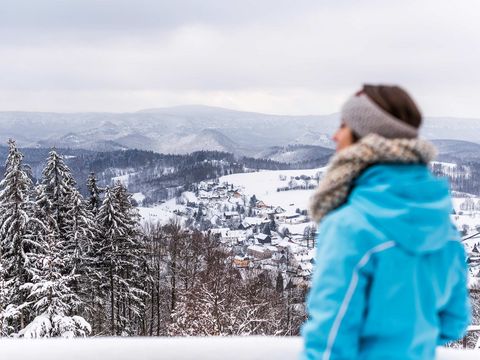 Ausblick vom Wachberg auf winterliche Landschaft.