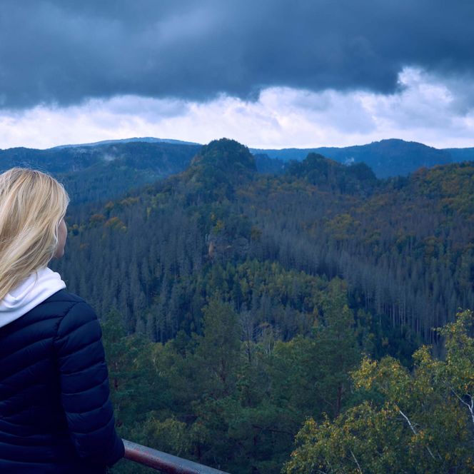 Frau mit langen blonden Haaren blickt auf eine bewaldete Landschaft unter bewölktem Himmel.
