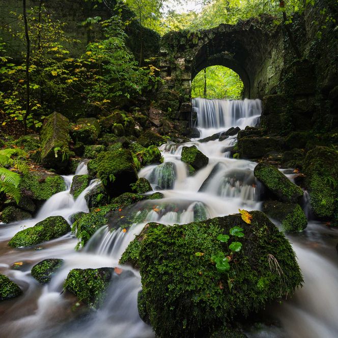 Fließendes Wasser über moosbedeckte Steine, umgeben von grünen Pflanzen und einem alten Steinbogen.