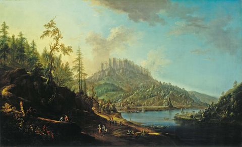 Landschaft mit einem Berg im Hintergrund, einem See und Bäumen im Vordergrund, sanftes Licht und Wolken.