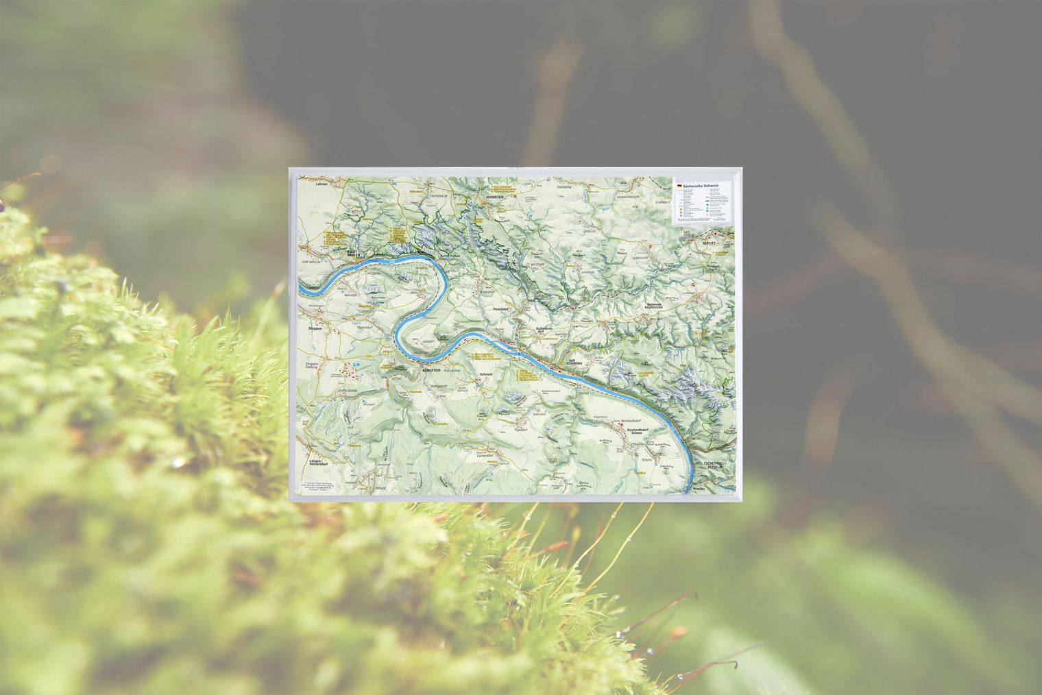 3D Reliefkarte Sächsische Schweiz klein 3D Reliefkarte mit grünen Bergen und einem langen, blauen Fluss.