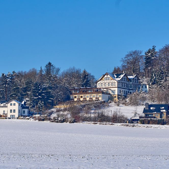 Schneebedeckte Landschaft mit mehreren Häusern und Bäumen unter klarem blauen Himmel.