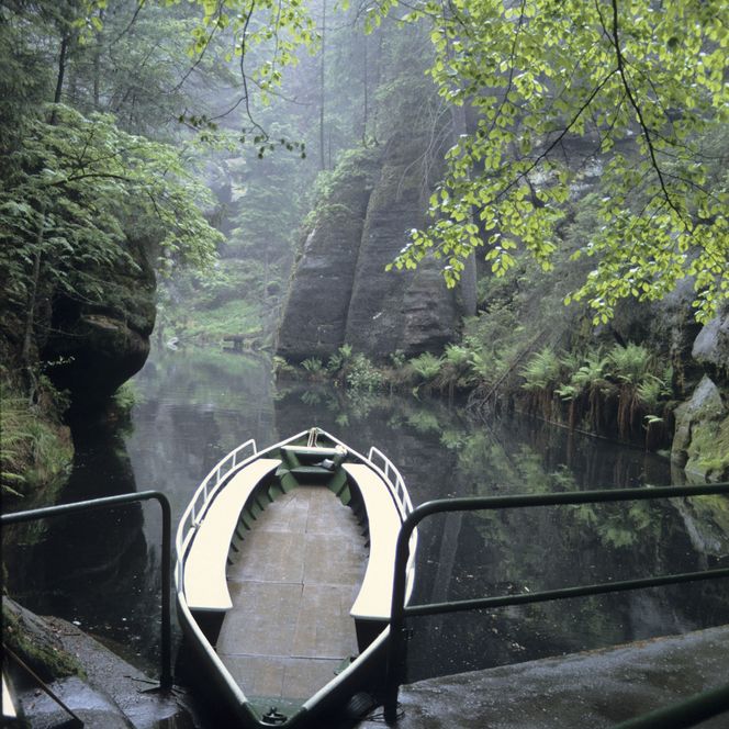 Ein Boot liegt an einem Steg, umgeben von grünen Bäumen und einem ruhigen Gewässer.