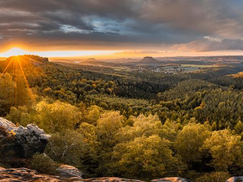 Felsenlandschaft mit Bäumen, Felsen im Vordergrund, Waldblick in der Ferne.