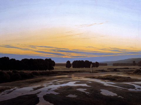 Caspar David Friedrich: Das Große Gehege bei Dresden, überschwemmte Wiese mit Boot, orangener Himmel.