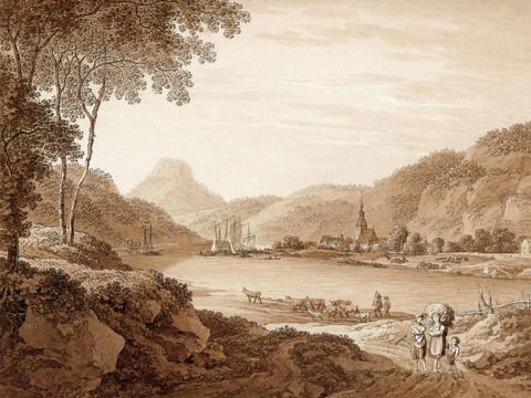 Adrian Zingg, "Schandau elbabwärts", Kupferstich, sepia, um 1800 Adrian Zingg, "Schandau elbabwärts", Kupferstich, sepia, um 1800