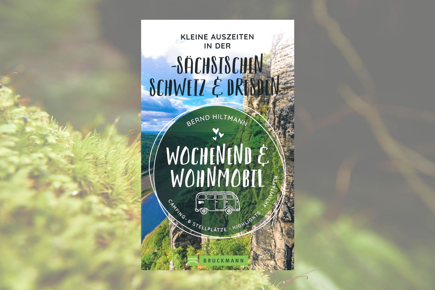Buchcover mit Zeichnung eines Wohnmobil, im Hintergrund Foto von Felsen und Fluss in grüner Landschaft.