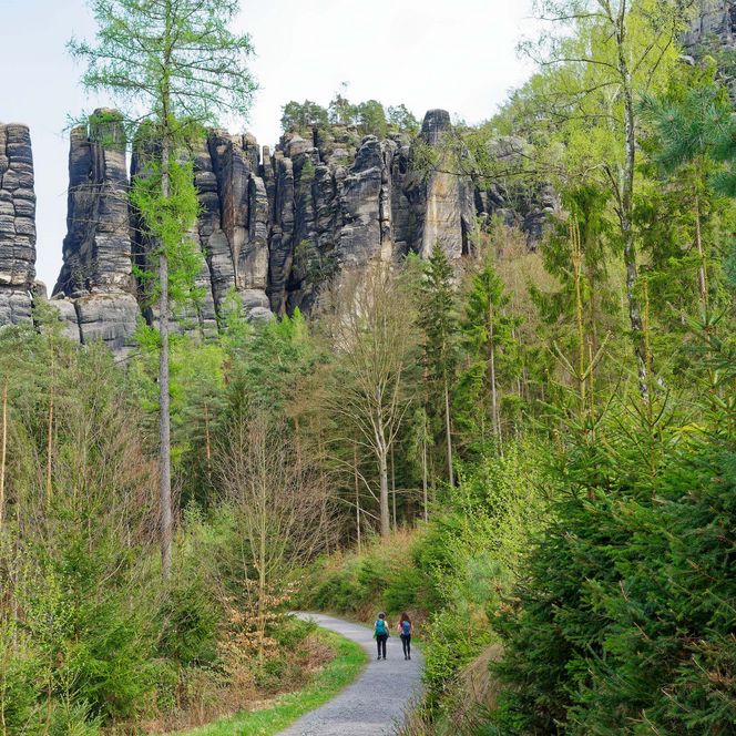 Zwei Wanderer auf einem Weg zwischen Bäumen, mit hohen Felsen im Hintergrund.