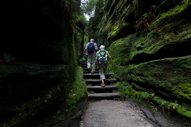 Felsschlucht mit steilen Wänden, Wald und einer steinernen Treppe mit Wanderern.