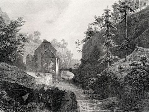 Tromlitz, A aus "Die Sächsische Schweiz ... "Sächsische Schweiz 21 Lochmühle", Stahlstich, sw, Mitte 19. Jh.