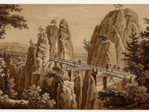 unbekannter Künstler "alte Basteibrücke zum Neurathener Felsentor" sepia