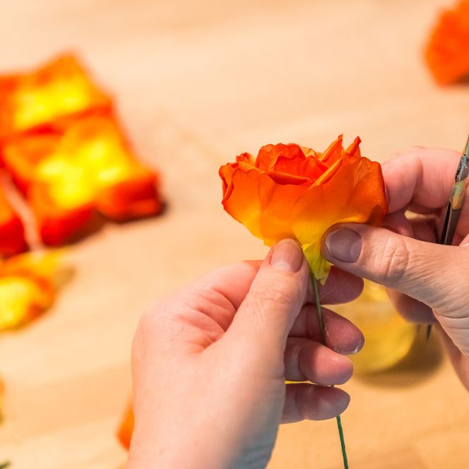 Hände formen eine orangefarbene Blume, im Hintergrund sind quadratische, leuchtende Formen zu sehen.