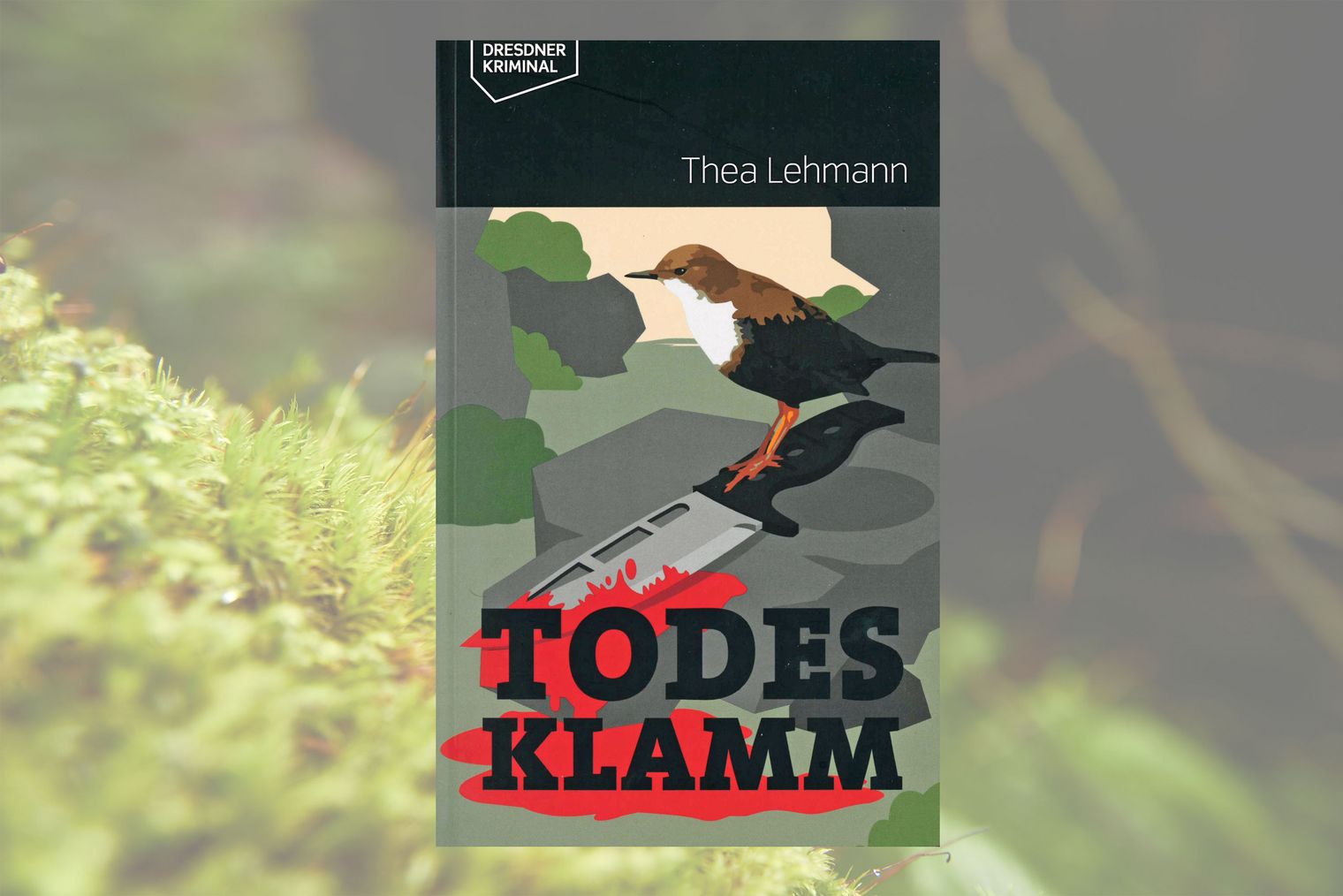 Titelseite Krimi Lehmann Todesklamm Buchcover mit dem Titel "Todesklamm", grafische Darstellung eines blutigen Messers und einem Vogel darauf sitzend.