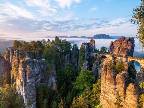 Felsformationen der Bastei, bewaldete Schlucht, Nebel im Tal, sommernliche Stimmung.