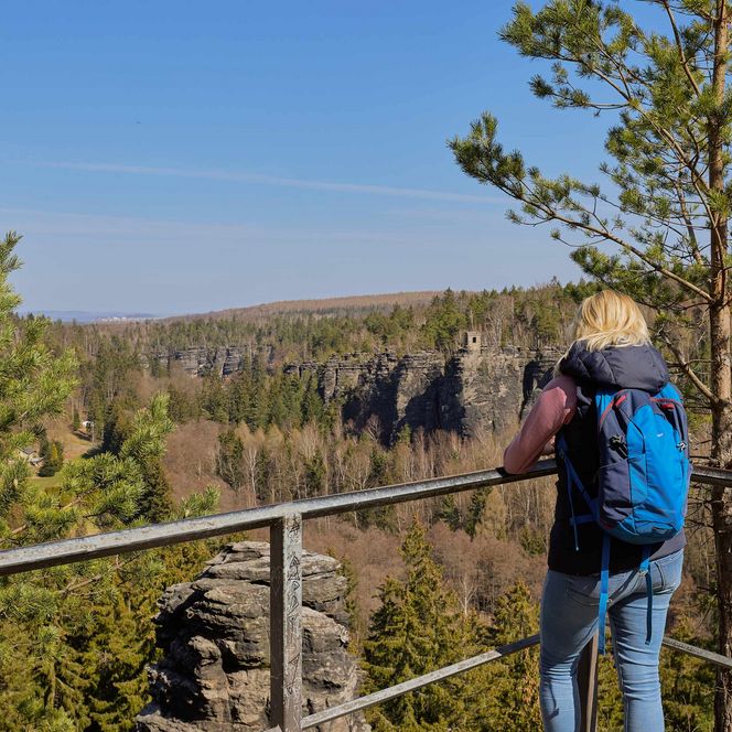 Person mit blonden Haaren und Rucksack steht auf Aussichtsplattform und blickt auf eine bewaldete Landschaft.