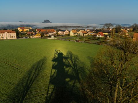 Blick auf grünen Hügel mit Häusern und Lilienstein-Felsen im Hintergrund, sonniger Himmel.