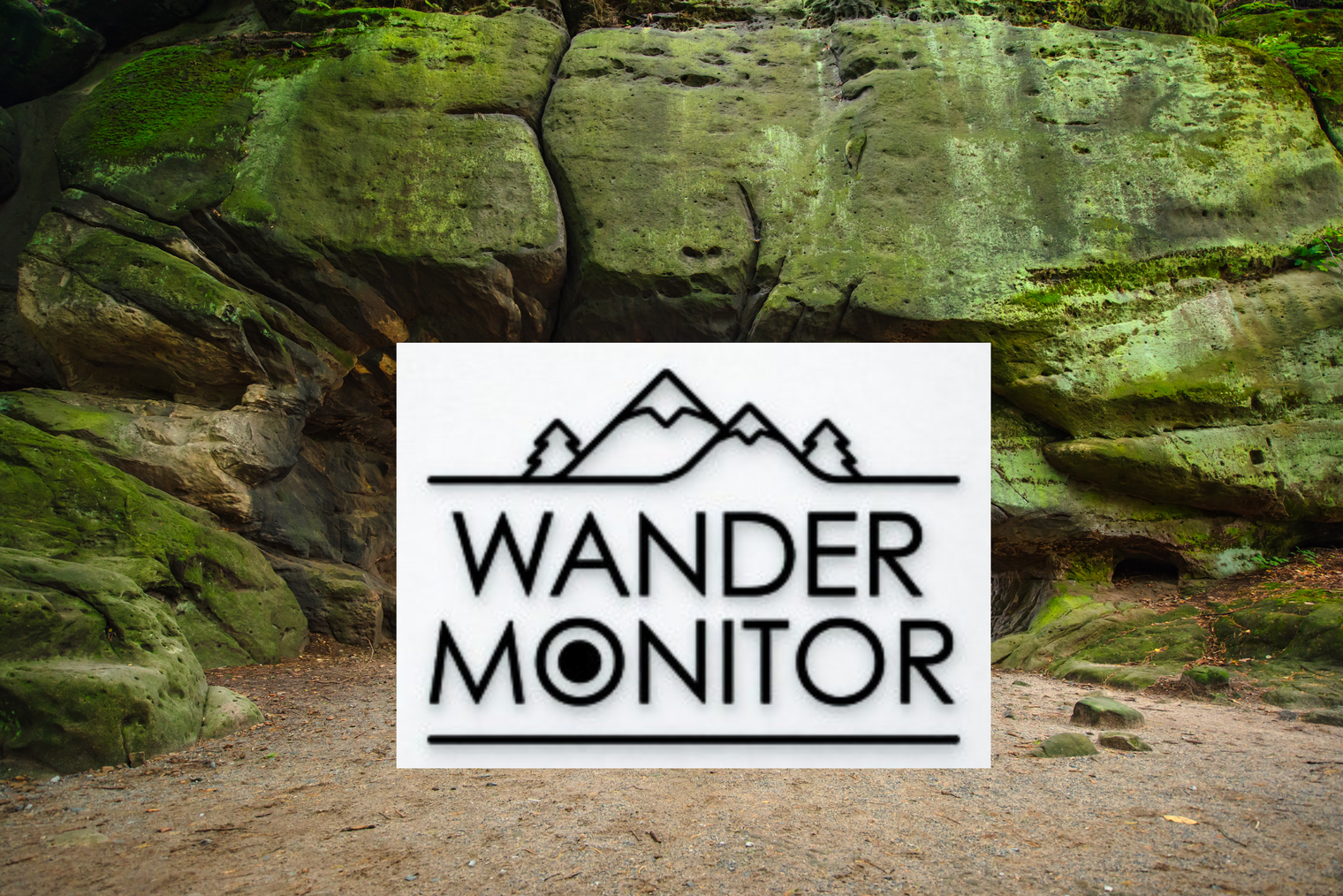 Logo vom Wandermonitor in schwarz-weiß vor dem Kuhstallfelsen, der als Hintergrund fungiert.