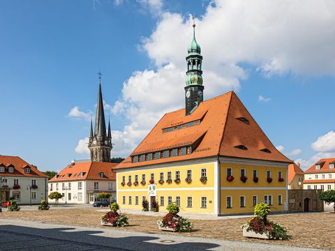 Stadtansicht von Neustadt in Sachsen mit historischen Gebäuden und Markt.