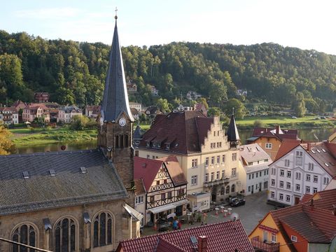 Marktplatz mit Kirche der Stadt Wehlen von oben, im Hintergrund andere Elbseite mit Wald und Häusern.