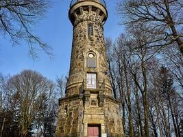 Neustadt i.Sa. Ungerberg Ungerturm: Stein-Aussichtsturm auf bewaldetem Hügel, klarer Himmel im Hintergrund.