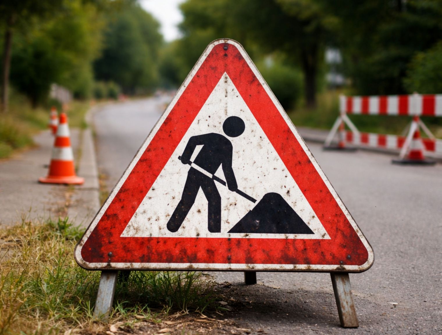 Warnschild mit einer Bauarbeiterfigur abgebildet, die an einem Hügel arbeitet, umgeben von roten und weißen Absperrungen.