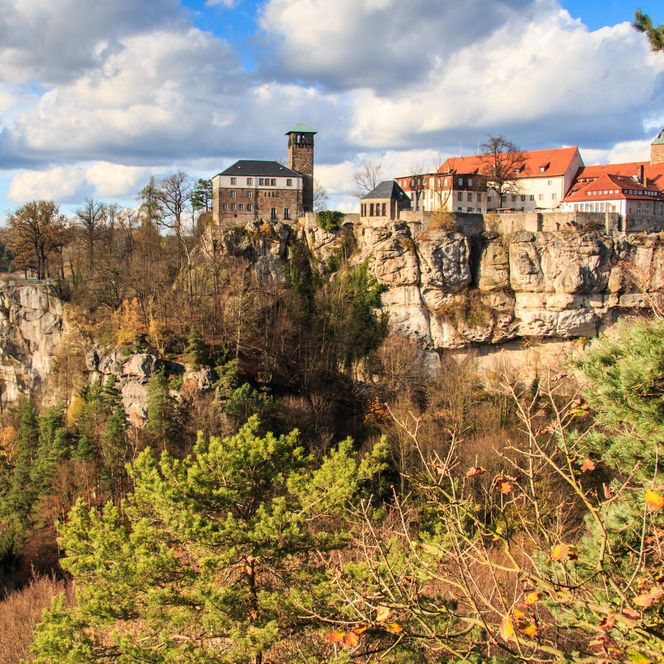 Burg auf einem Felsen, umgeben von Bäumen und bewaldeten Hügeln unter einem bewölkten Himmel.