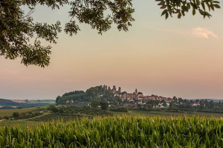 Landschaft mit Weinreben im Vordergrund und einem Dorf auf einem Hügel im Hintergrund bei Sonnenuntergang.