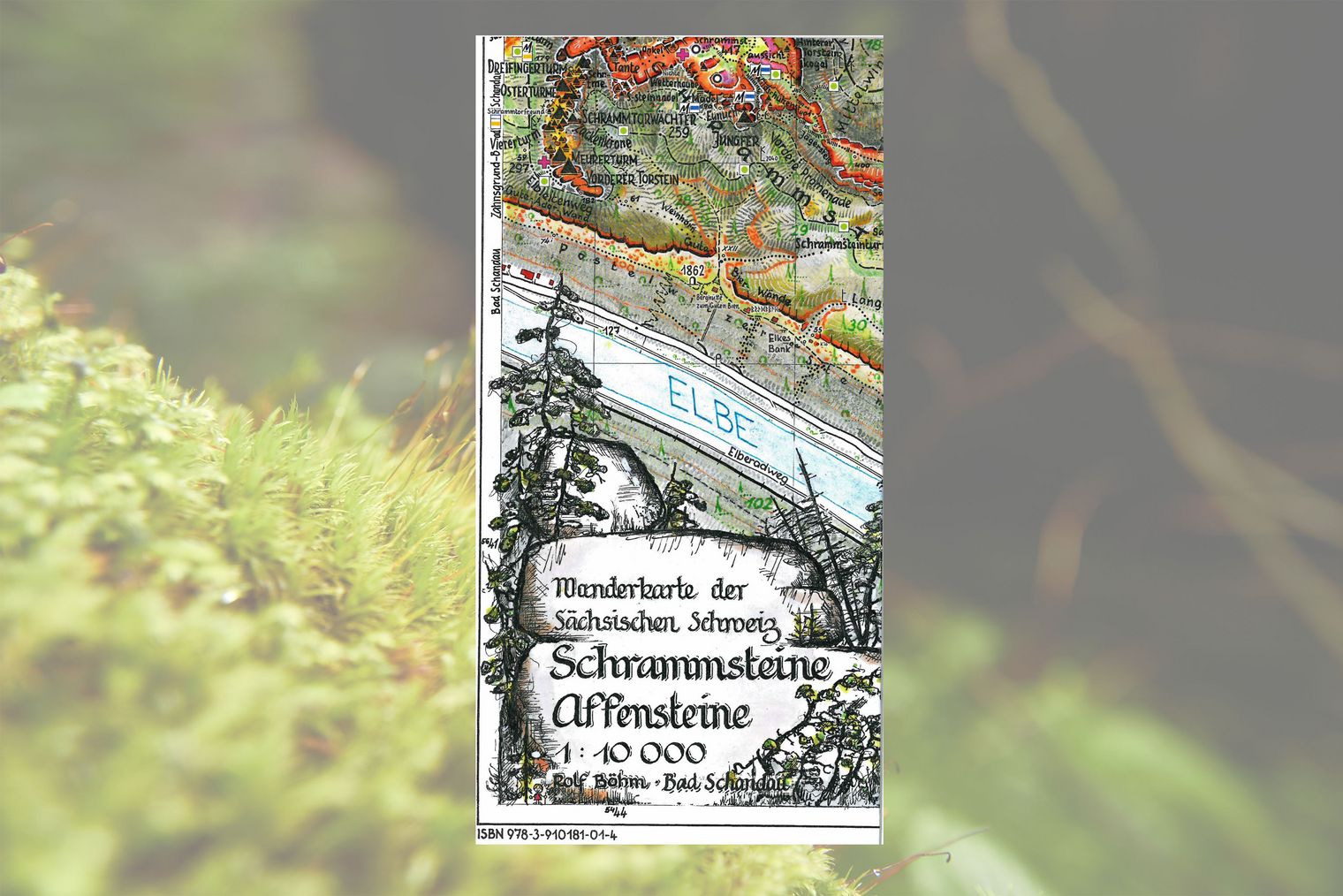 Bunte, handgezeichnete Karte mit Fluss, Bergen und Beschriftungen.
