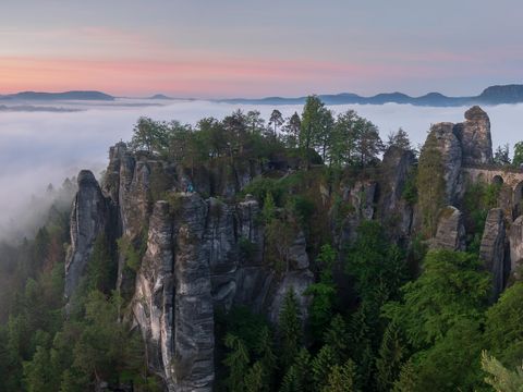 Felsformation Bastei im Morgengrauen, umgeben von Nebel und bewaldeten Hügeln.