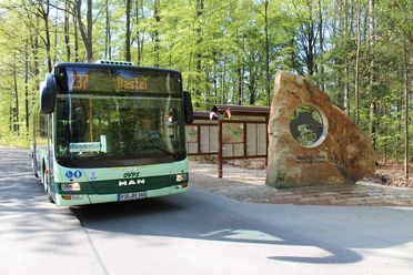 Grüner WanderBus fährt an einer Haltestelle mit Wartehäuschen und Bäumen vorbei.