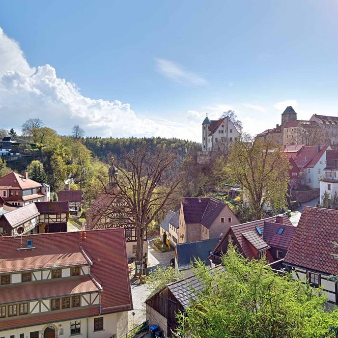 Blick auf eine malerische Stadt mit roten Dächern, Bäumen und einem klaren blauen Himmel.