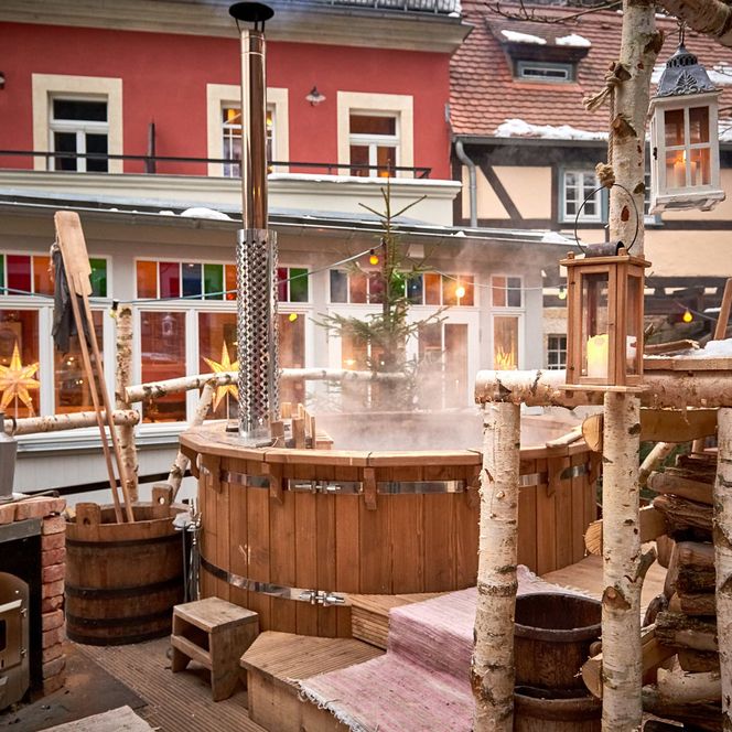 Badezuber Winter Dampf Schnee Winterdorf Schmilka