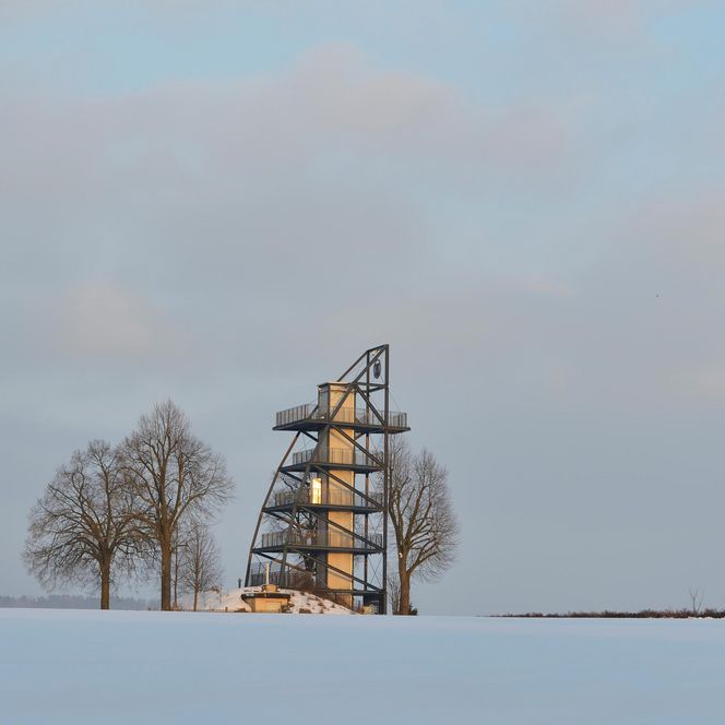 Schneebedeckte Landschaft mit einem hohen, mehrstöckigen Turm und zwei Bäumen im Vordergrund.
