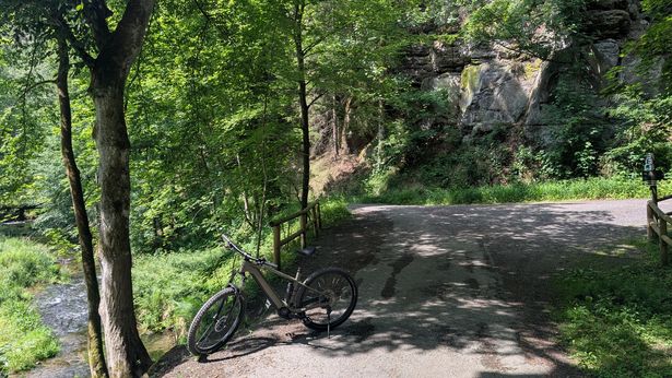 Ein E-MTB auf dem Kirnitzsch-Radweg mit Fluss, Weggabelung und Felsen
