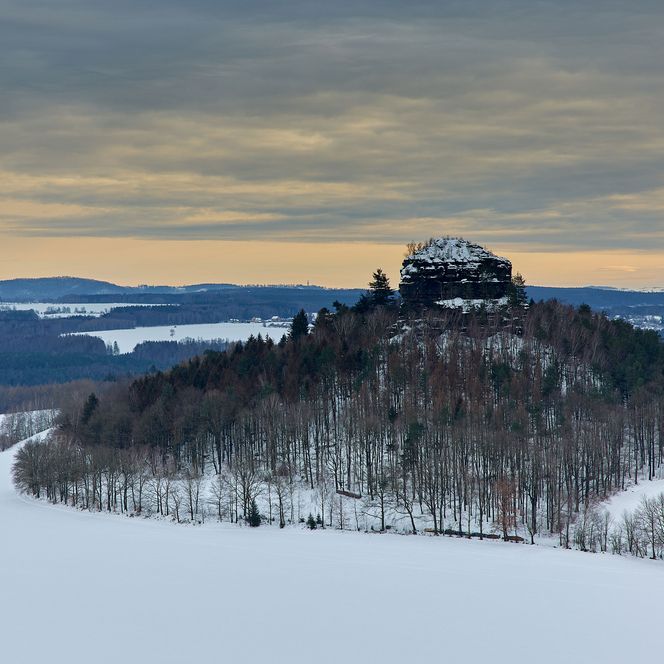 Grünes Feld mit Häusern im Hintergrund und einem klaren blauen Himmel.