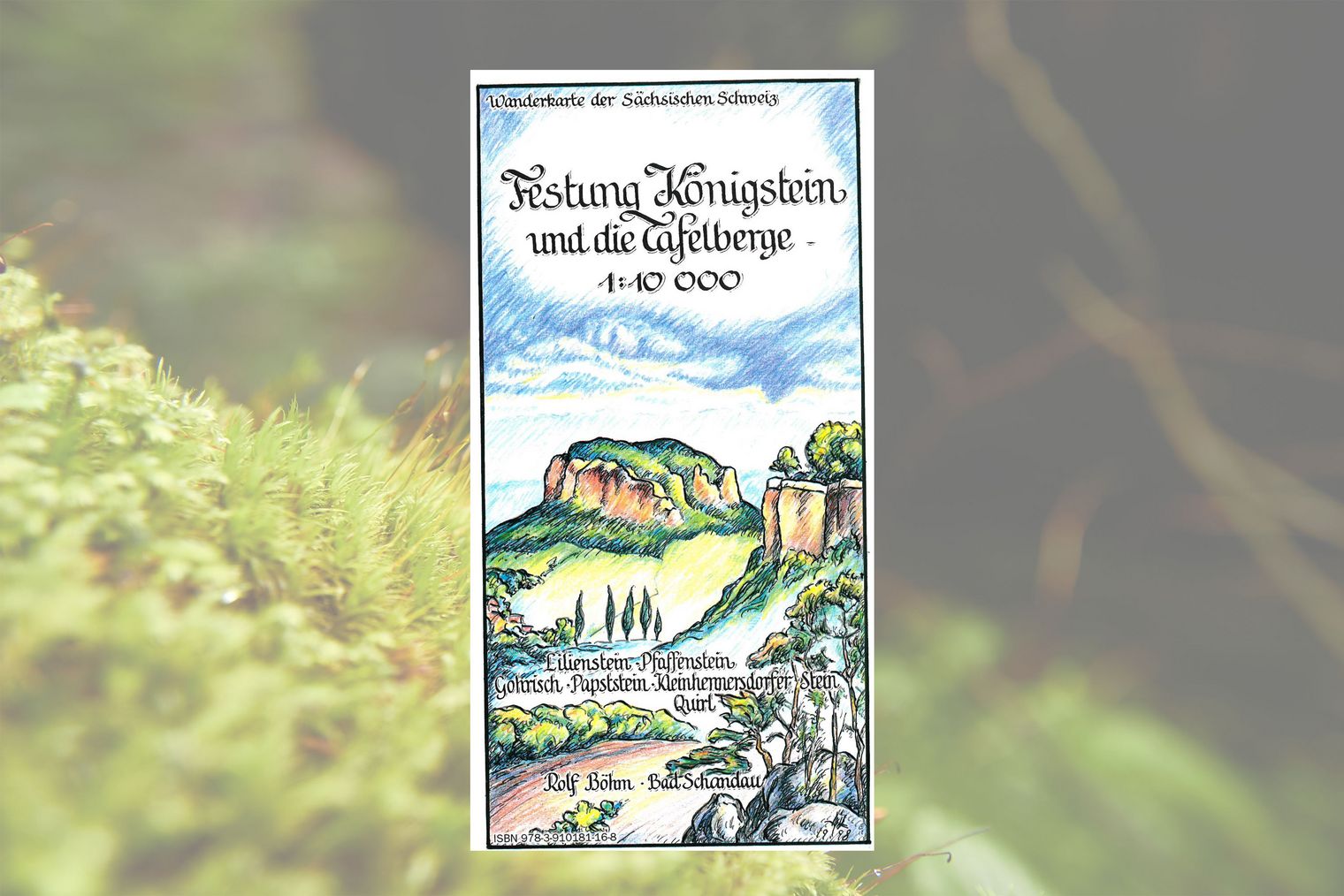 Wanderkarte Titelseite mit Illustration einer Landschaft mit Hügeln, Bäumen und einer Festung im Hintergrund.