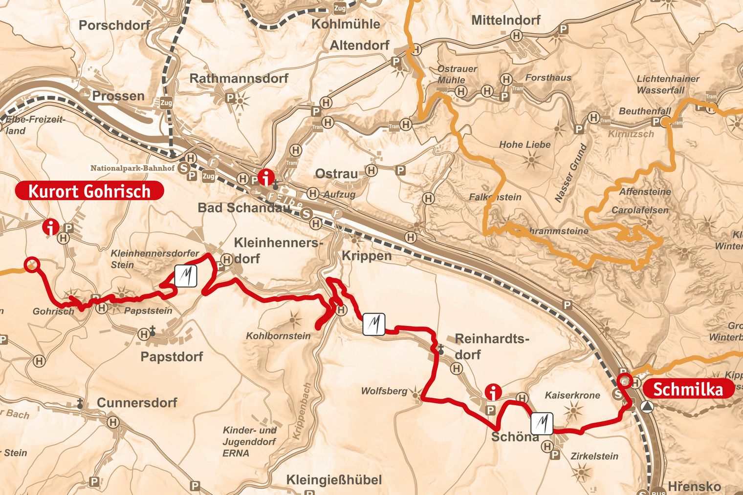 Karte vom Wegeverlauf der 6. Etappe des Malerweg von Schmilka nach Gohrisch.