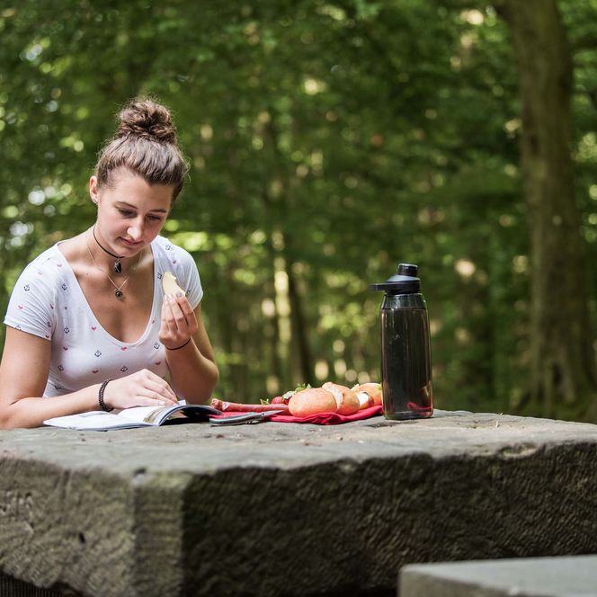 Frau sitzt am Steinernen Tisch im Wald, schreibt in ein Notizbuch und hat Äpfel sowie eine Wasserflasche vor sich.