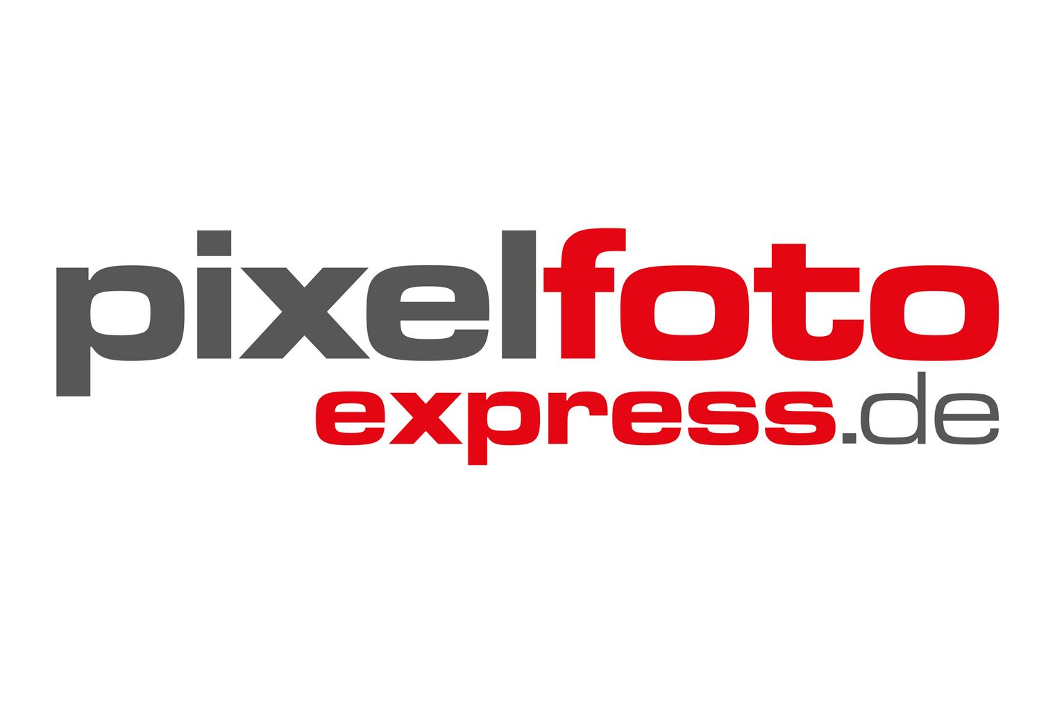 Logo von pixelfotoexpress.de in grauer und roter Schrift.