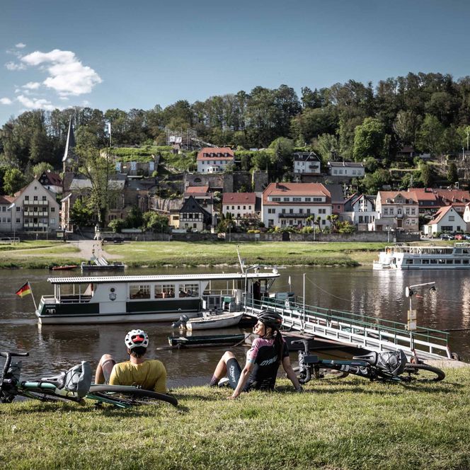 Blick auf ein ruhiges Flussufer mit Fähre und Häusern im Hintergrund, umgeben von Bäumen.