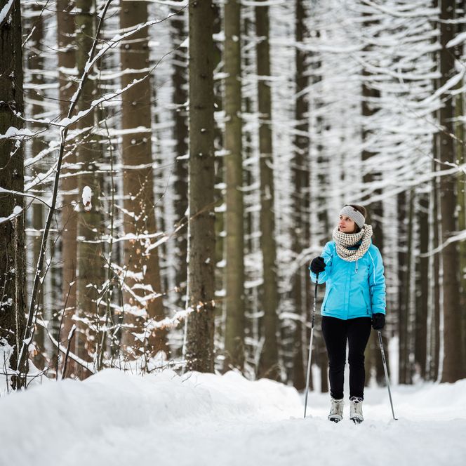 Person in blauer Jacke beim Skilanglauf durch einen verschneiten Wald mit hohen, schneebedeckten Bäumen.