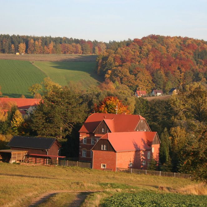 Landschaft mit einem roten Bauernhaus, umgeben von Bäumen mit buntem Herbstlaub und sanften Hügeln.
