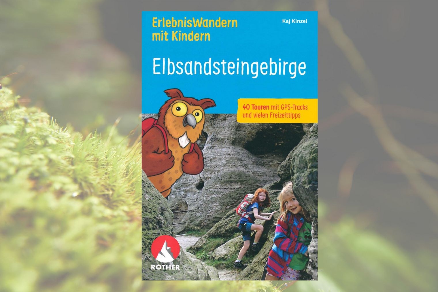 Titelseite Erlebniswandern mit Kindern Elbsandsteingebirge Buchcover mit einem illustrierten Uhu Bild von zwei Kindern, die sicher hinter Felsen verstecken.