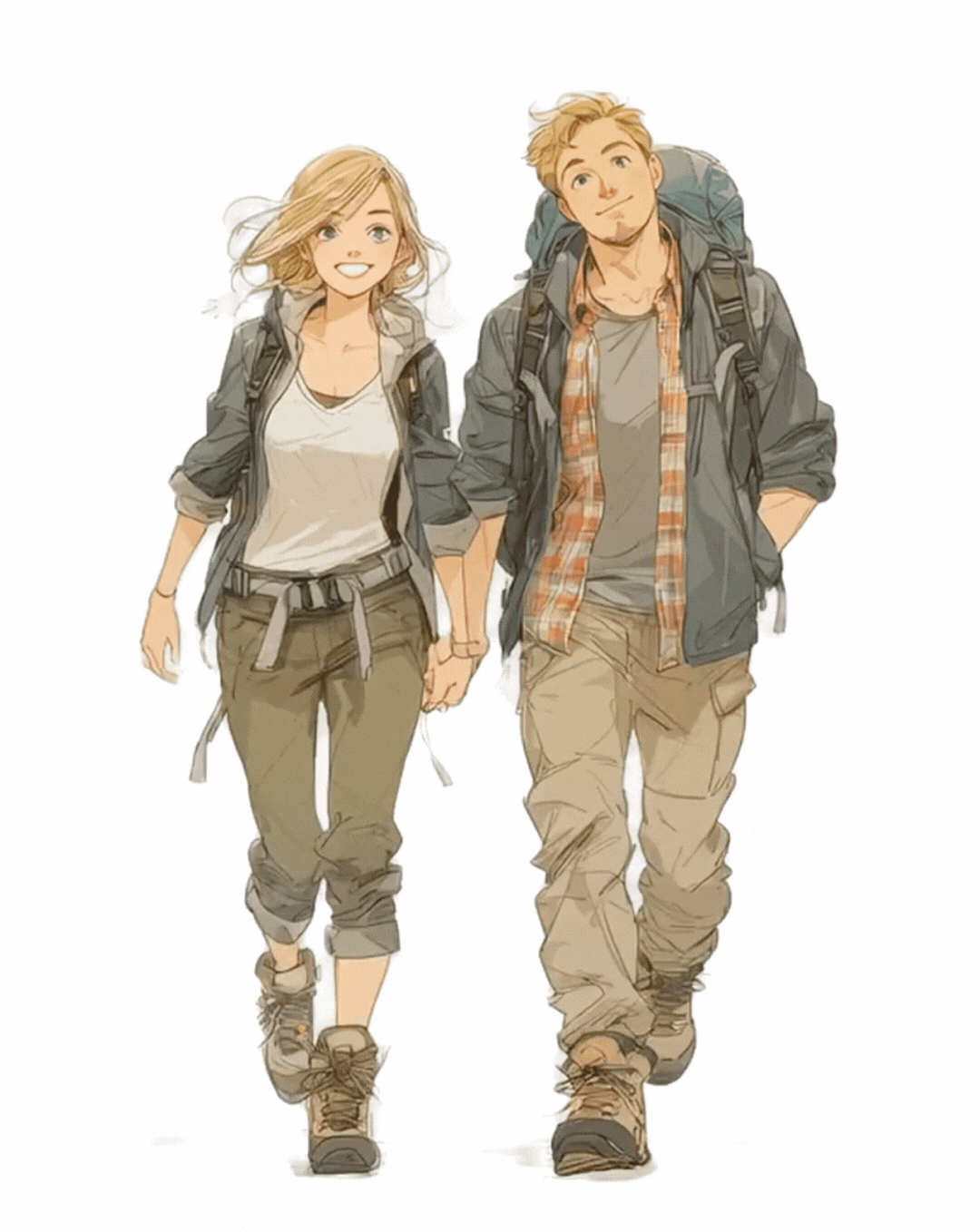 Two animated hikers, a woman and a man, walk hand in hand and smile.