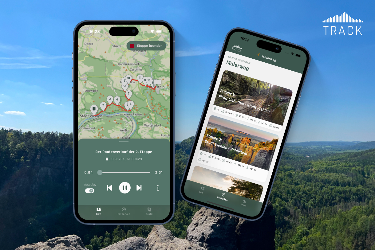 Zwei Smartphones zeigen eine Kartenansicht und Bilder von Landschaften vor einer Felslandschaft.